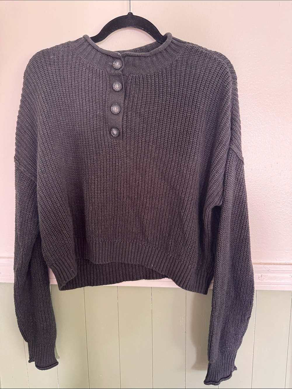 American Eagle Outfitters Charcoal Rib-Knit Henley Sweater